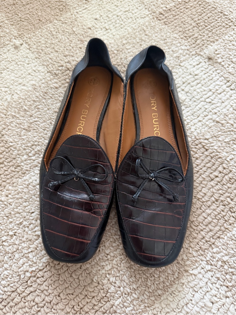 Tory Burch Women's Dark Brown Croc-Embossed Leather Loafers